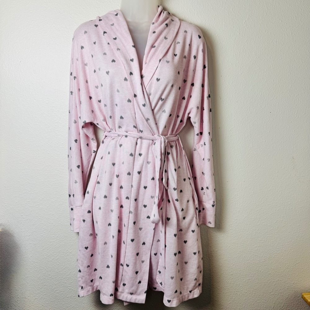 Laura Ashley Pink Heart Print Hooded Robe Large Long Sleeve Wrap Loungewear